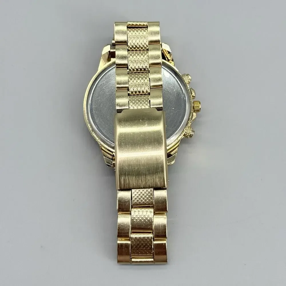 MONYORE Men's Gold Tone Watch Chronograph Look Dark Dial Quartz Wristwatch New